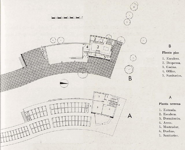 Gràfic amb planta pis i planta terrenys dels Banys CAPRI de Gavà Mar (1958) (Quaderns d'arquitectura - R.Tort Estrada)